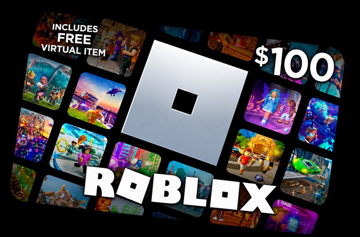 Roblox gift card artwork featuring a $100 reward and a free virtual item